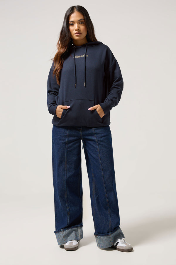 PixieGirl Petite Navy Blue Slogan Drawstring Hoodie