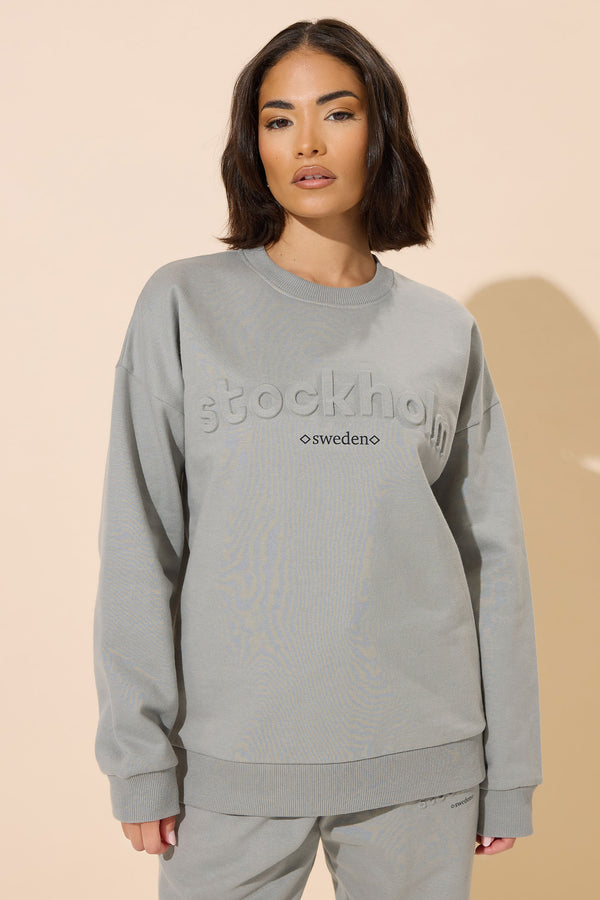 PixieGirl Petite Grey 'Stockholm' Slogan Embossed Sweatshirt