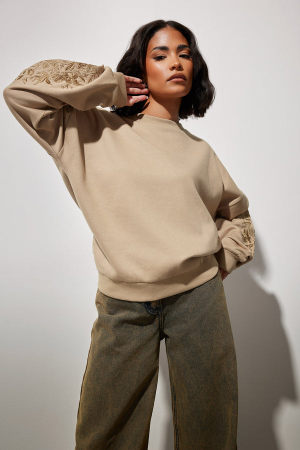 PixieGirl Natural Brown Floral Embroidered Sweatshirt