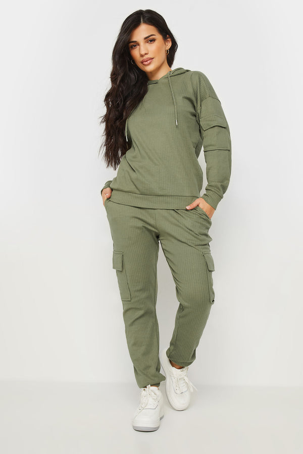 PixieGirl Khaki Green Ribbed Cargo Hoodie