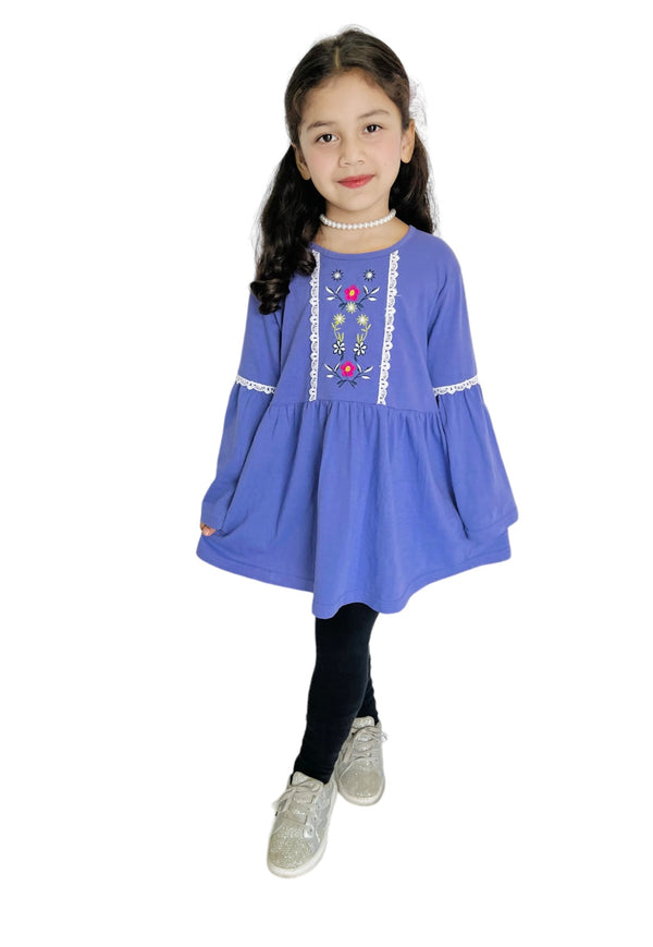 Girls Jersey Embroidered Dress With Lace Work