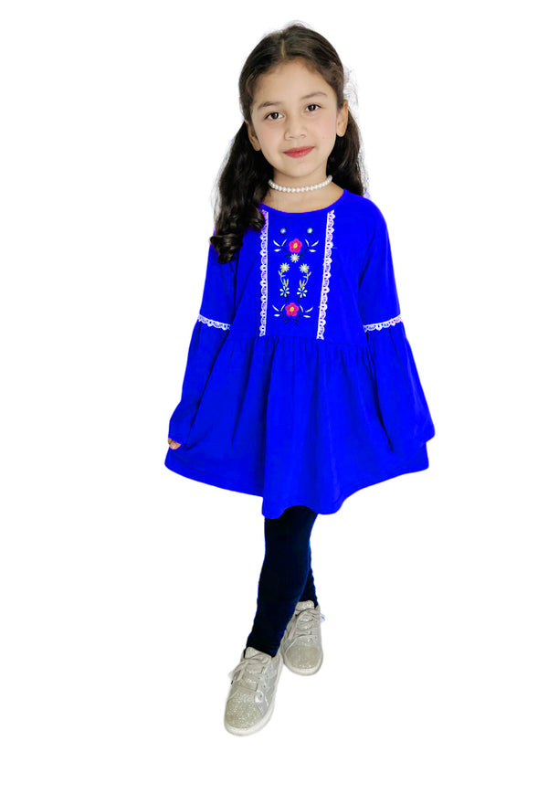 Girls Jersey Embroidered Dress With Lace Work