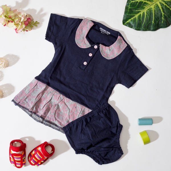 Baby girls navy blue printed dress with Pantie 6 - 18 months