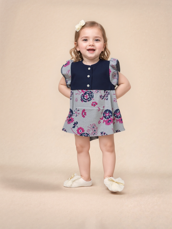 Baby girls grey & blue printed dress with Pantie 6 - 18 months