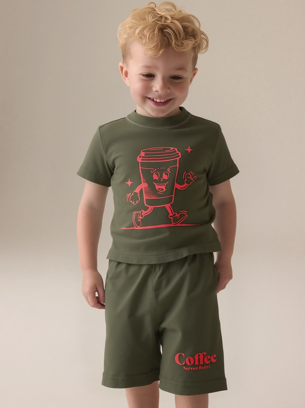 T-shirt + Shorts set for Baby Boy front Print coffee