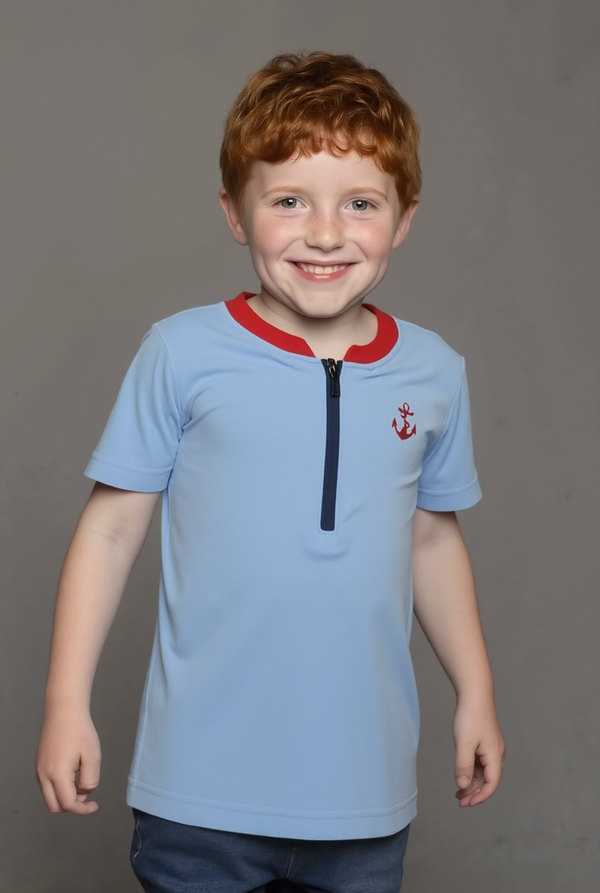 Boys Short Sleeve EMB Henley Polo With Smart Zip,