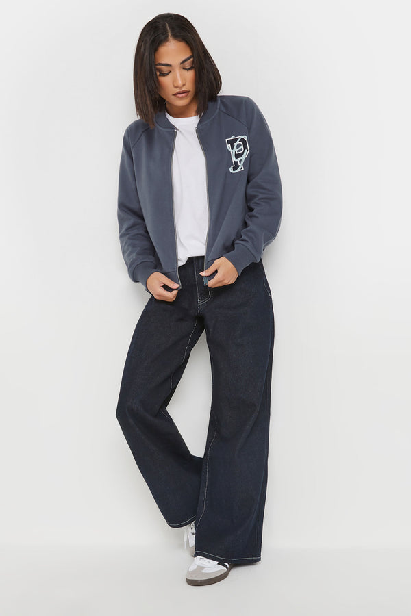 PixieGirl Blue Embroidered Initial Jersey Bomber Jacket