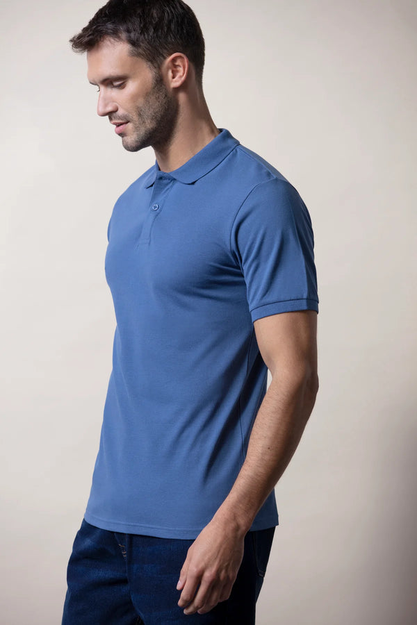 Code men denim blue polo shirt made of pure cotton piqué