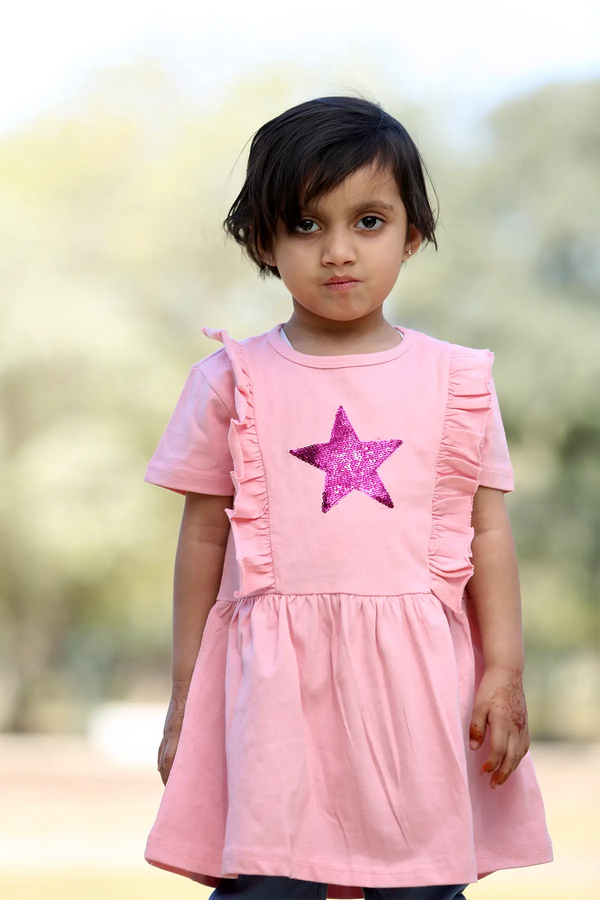 Girl's pink star sequence cotton dress , 3 - 12 years