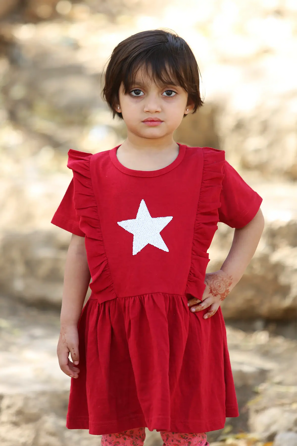 Girl's red star sequence cotton dress , 3 - 12 years
