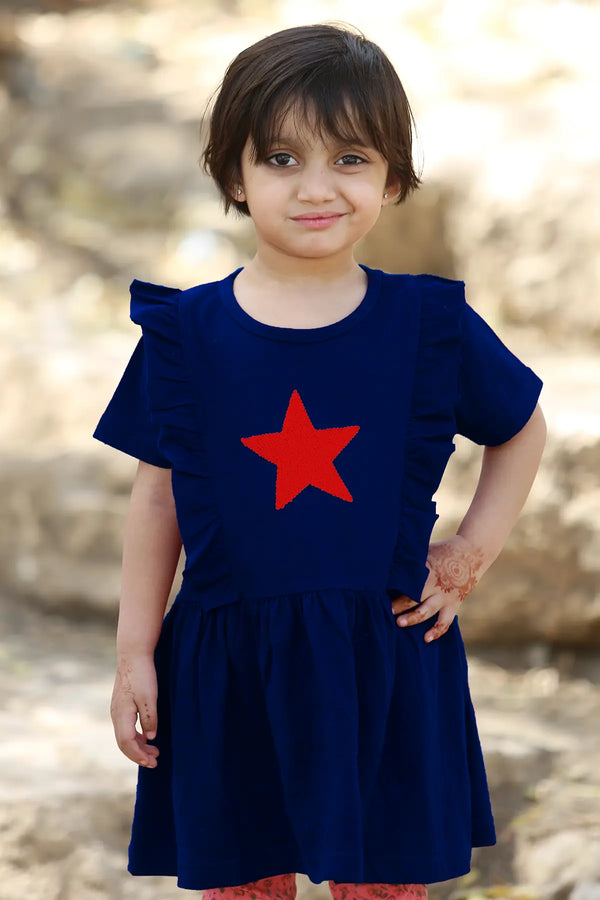 Girl's blue star sequence cotton dress , 3 - 12 years
