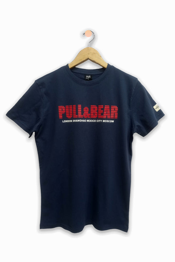 Pull & Bear Men's Dark Blue Fitted T-Shirt